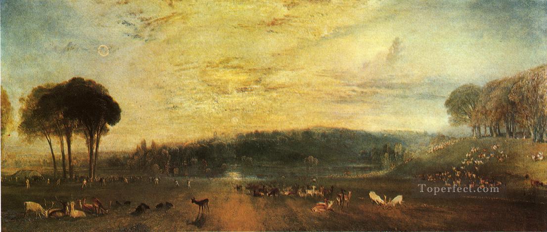 El atardecer del lago Petworth luchando contra los ciervos Paisaje romántico Joseph Mallord William Turner Pintura al óleo